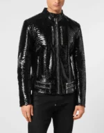 Python Zipped Leather Moto Jacket