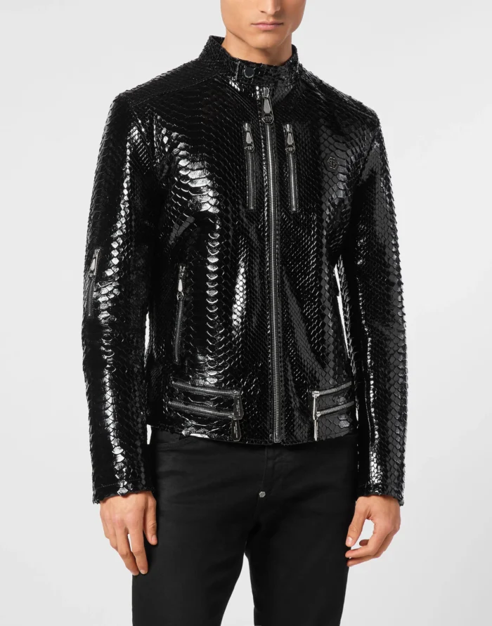 Python Zipped Leather Moto Jacket