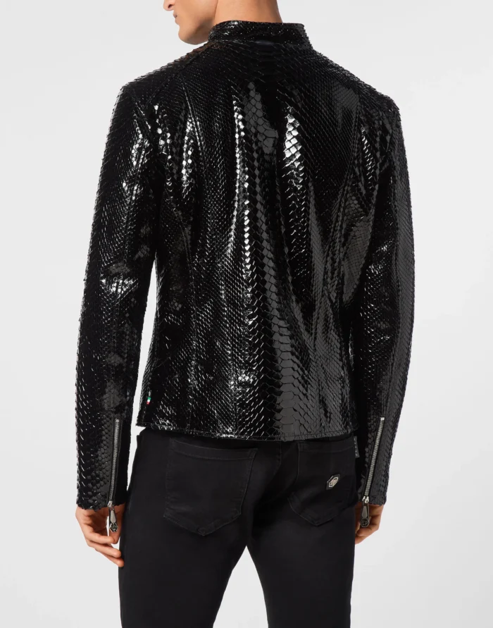 Python Zipped Leather Moto Jacket