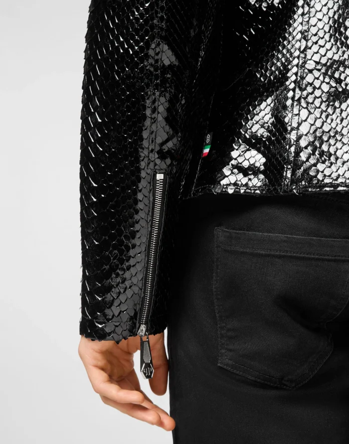 Python Zipped Leather Moto Jacket