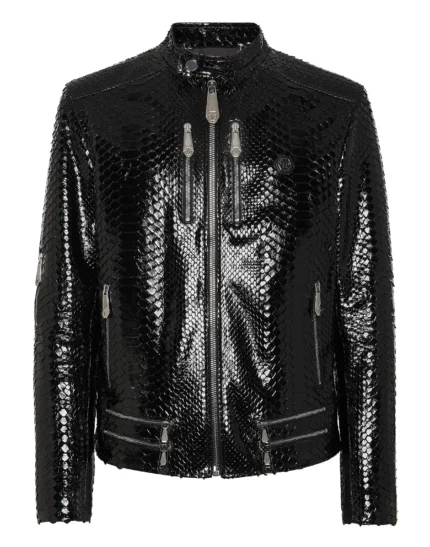 Python Zipped Leather Moto Jacket