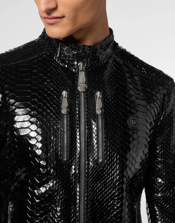 Python Zipped Leather Moto Jacket