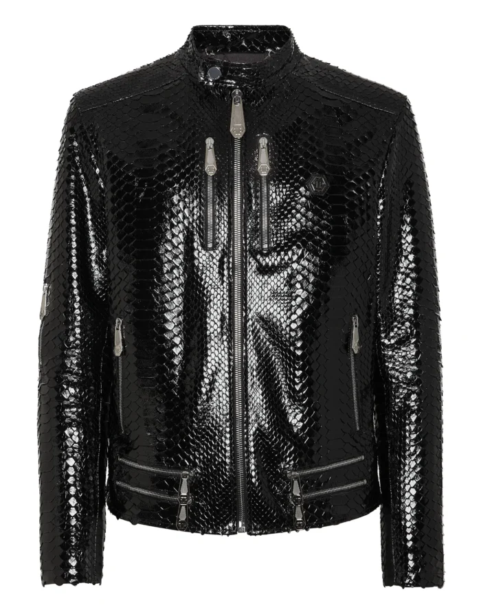 Python Zipped Leather Moto Jacket