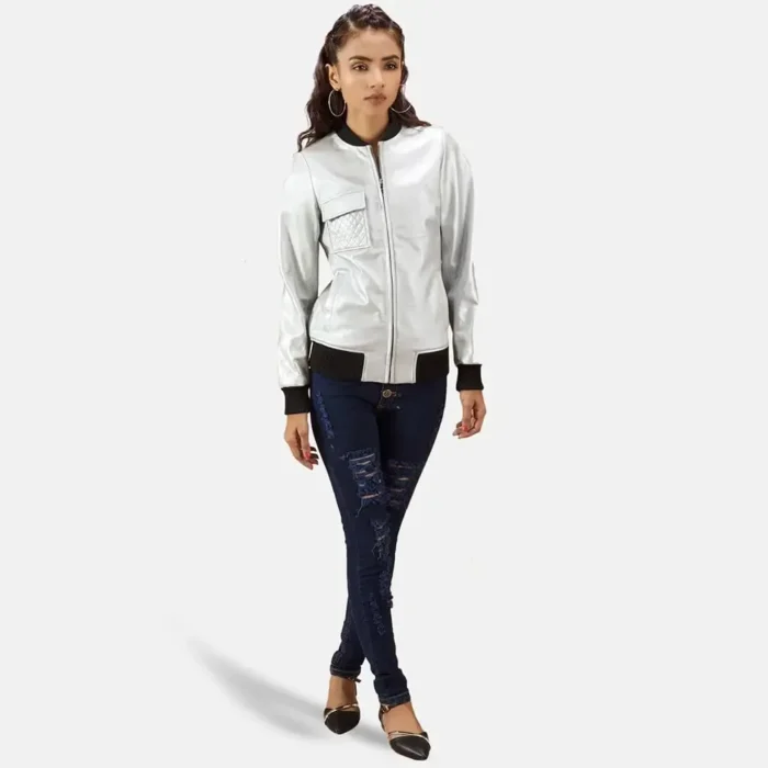 Silver Quilted Bomber Leather Jacket Womens