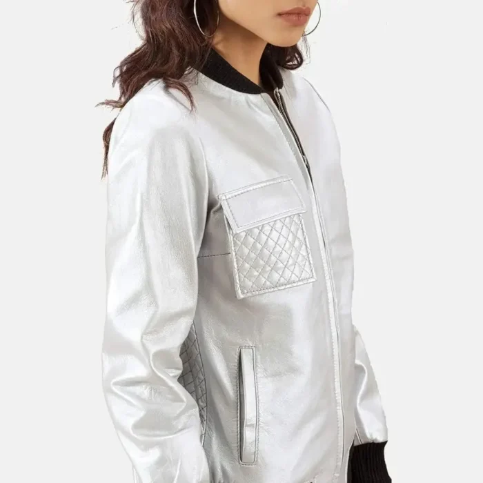 Silver Quilted Bomber Leather Jacket Womens