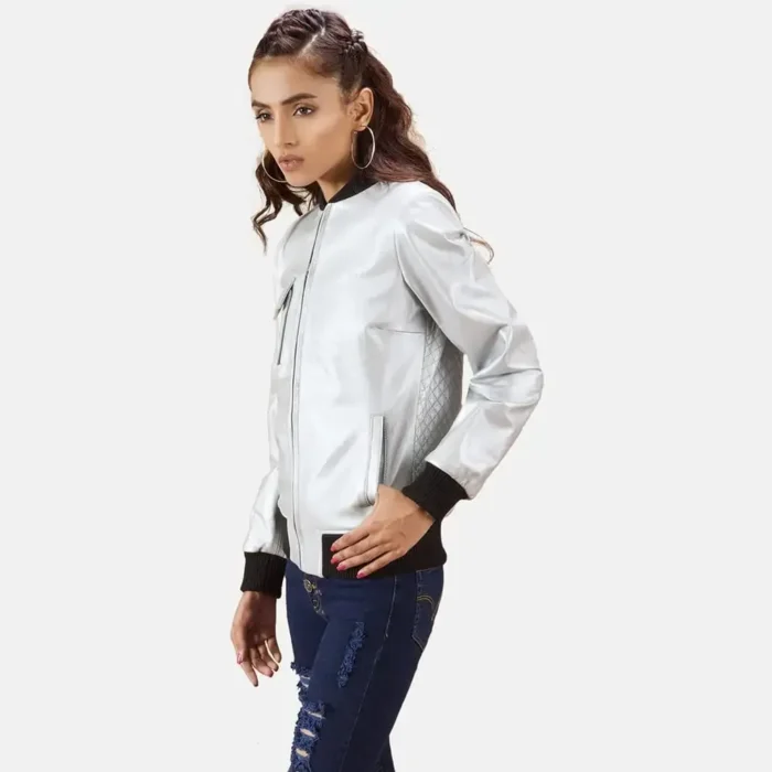 Silver Quilted Bomber Leather Jacket Womens
