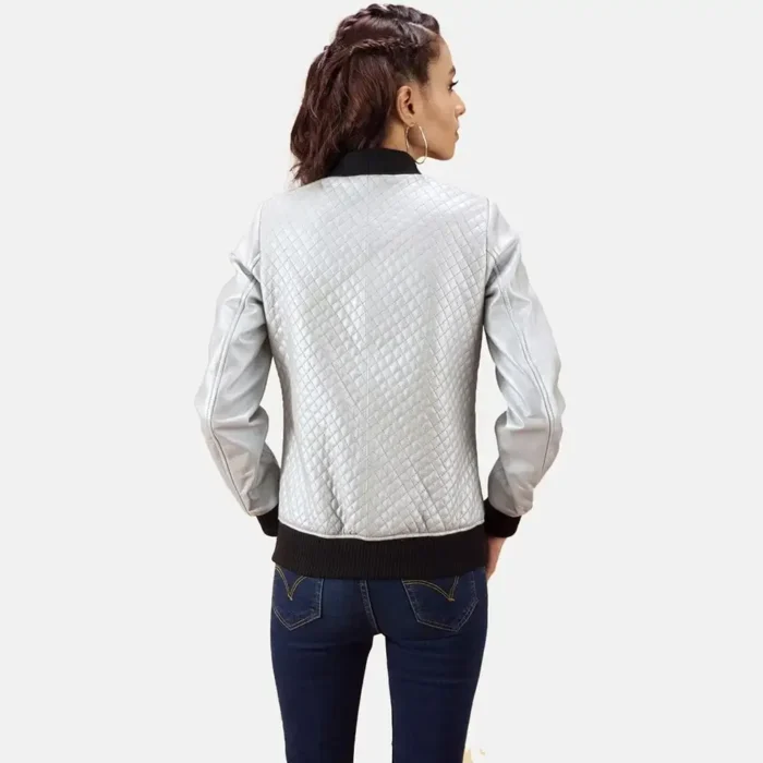 Silver Quilted Bomber Leather Jacket Womens