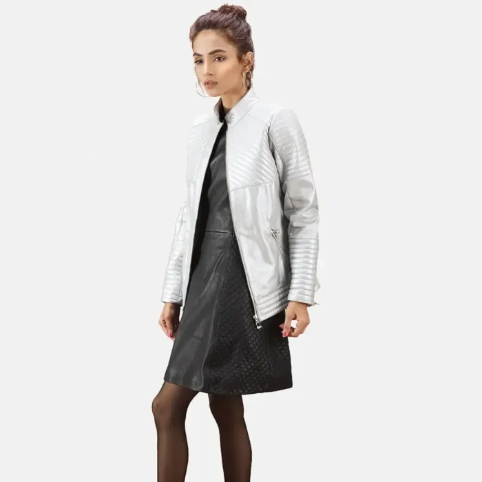 Silver Quilted Bomber Leather Jacket Womens