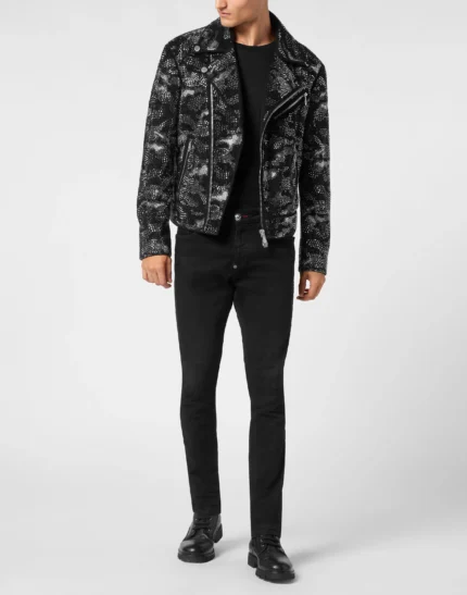 Strass Leather Biker Jacket Camouflage