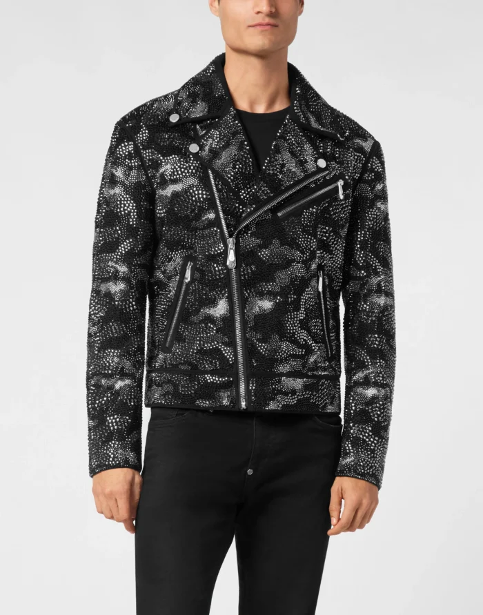 Strass Leather Biker Jacket Camouflage