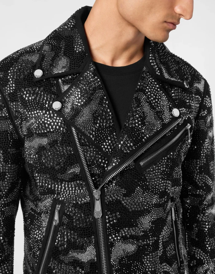 Strass Leather Biker Jacket Camouflage