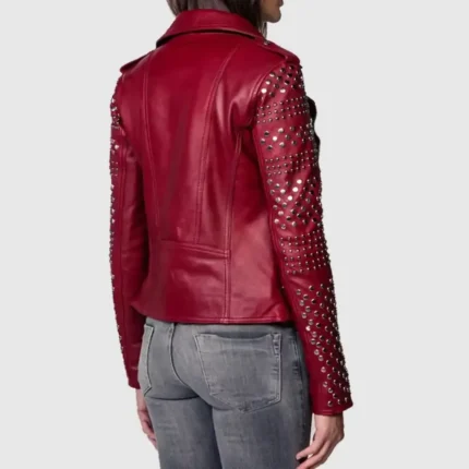 Women Burgundy Studded Leather Jacket