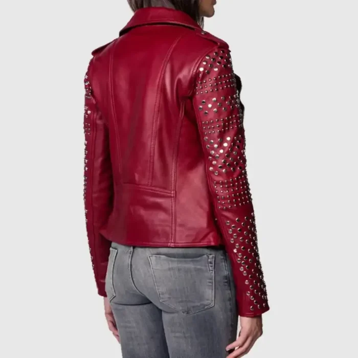 Women Burgundy Studded Leather Jacket