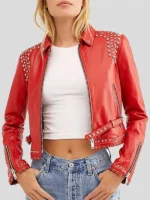 Women’s Studded Red Cropped Leather Jacket