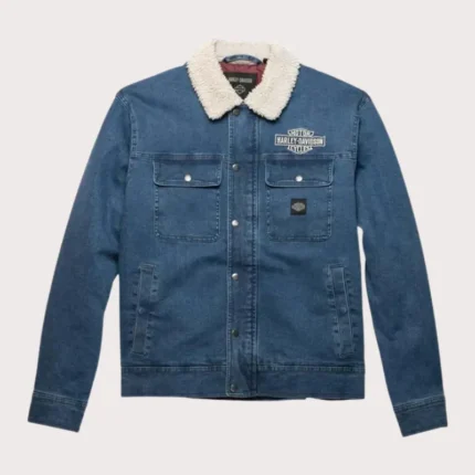 Harley Davidson Blue Denim Jacket with Fur Collar for Jeans