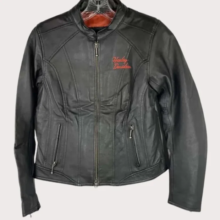 Harley Davidson Black Orange Logo Leather Jacket