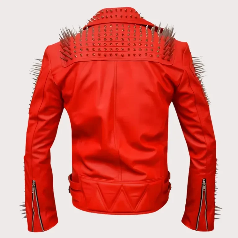 Biker Red Leather Fashion Jacket with Studs