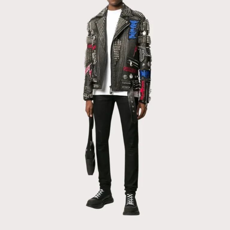 Biker Rock Studded and Embroidered Leather Jacket