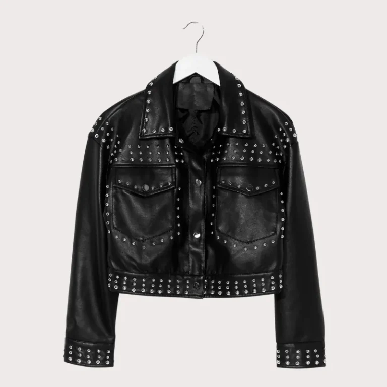 Black Cropped Leather Silver Studded Jacket