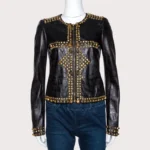 Black Embossed Leather Studded Zip Front Jacket