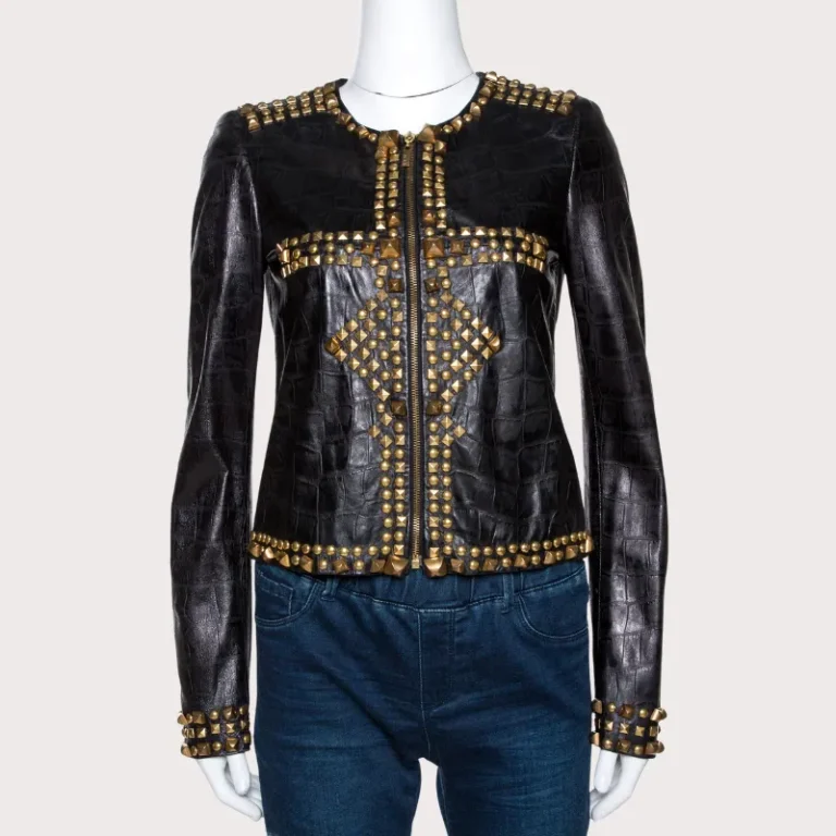 Black Embossed Leather Studded Zip Front Jacket