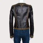 Black Embossed Leather Studded Zip Front Jacket