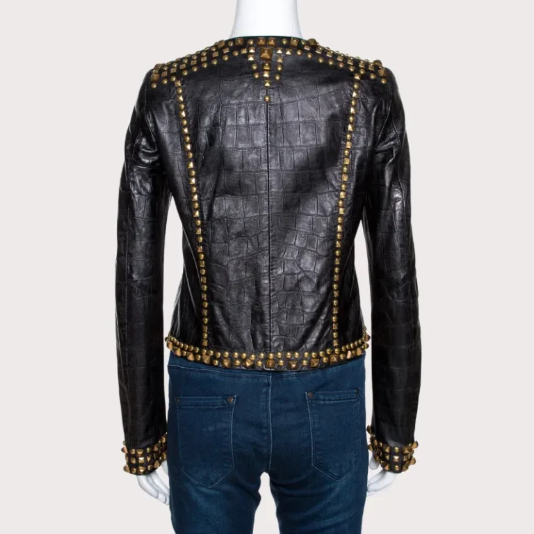 Black Embossed Leather Studded Zip Front Jacket