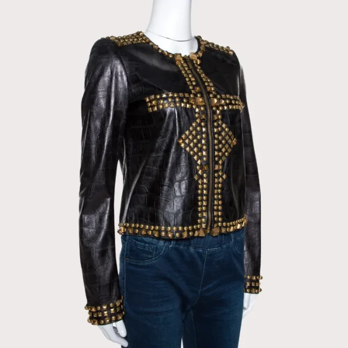 Black Embossed Leather Studded Zip Front Jacket
