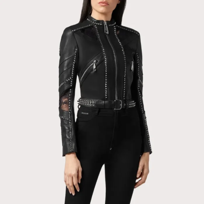 Black Lambskin Spike-Studded Biker Jacket