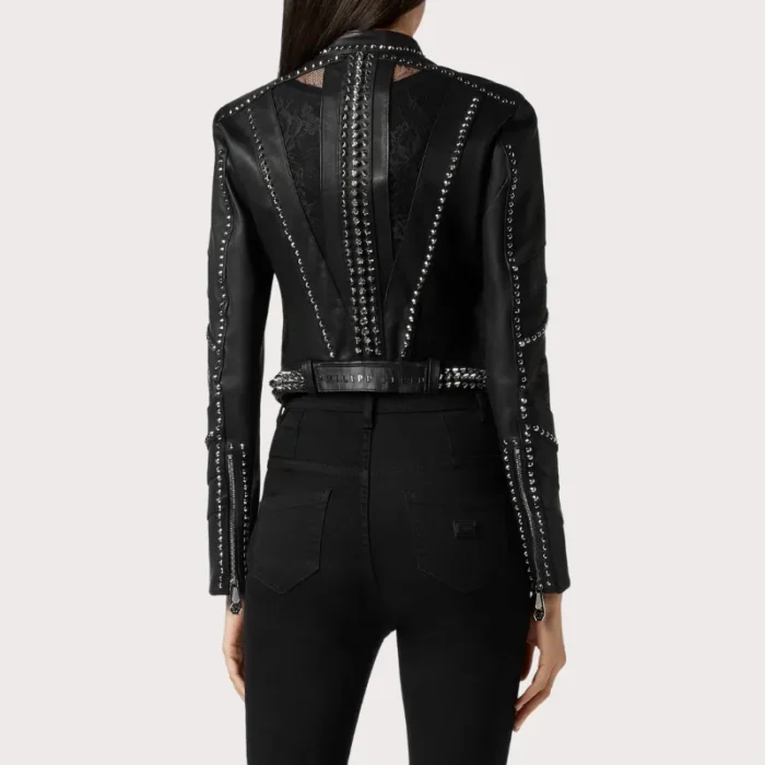 Black Lambskin Spike-Studded Biker Jacket