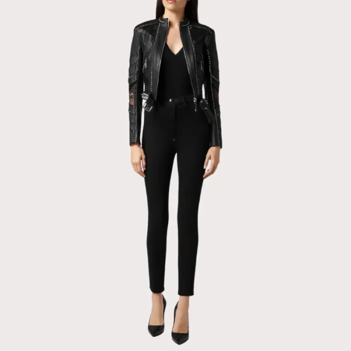 Black Lambskin Spike-Studded Biker Jacket