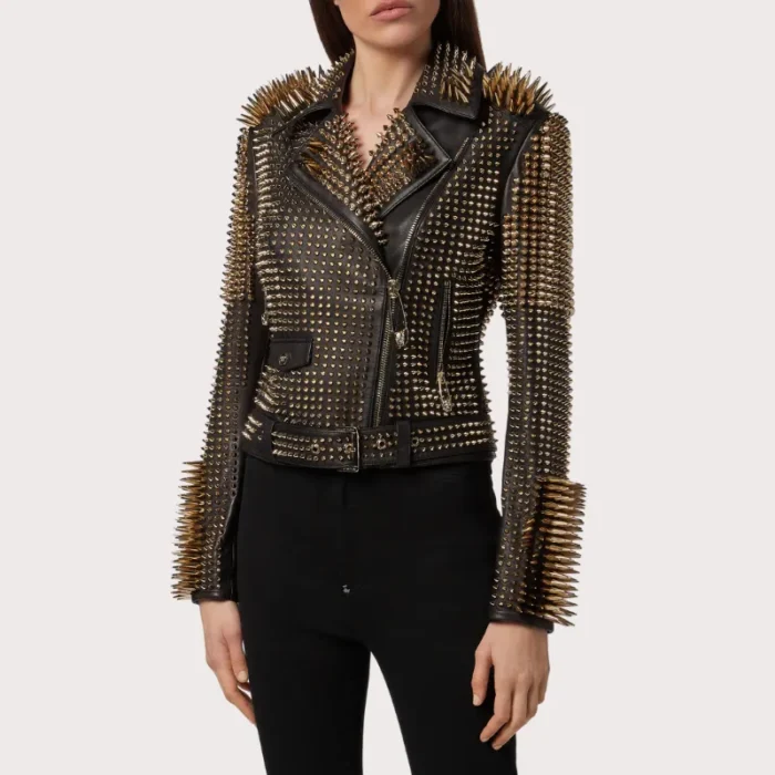 Black Leather Golden Spike Studded Punk Style Biker Jacket