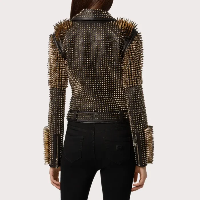 Black Leather Golden Spike Studded Punk Style Biker Jacket