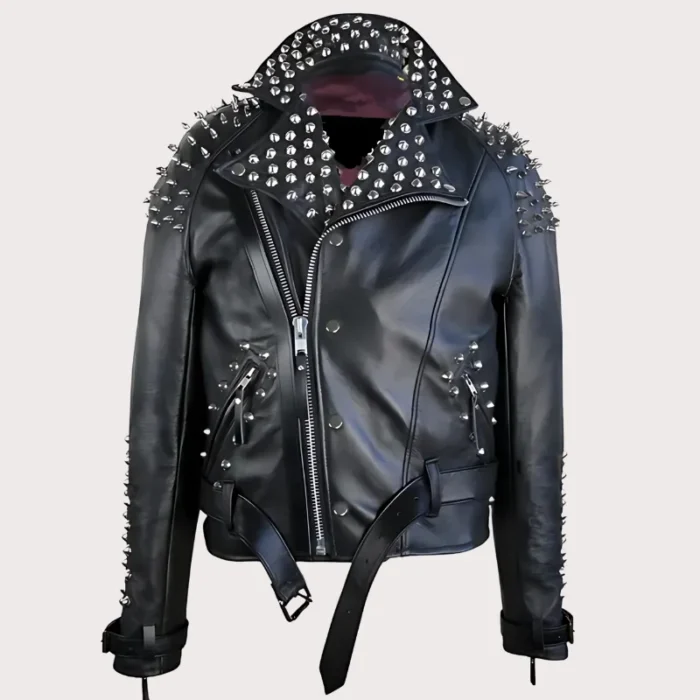 Classic Black Leather Jacket With Half Spikes For Men