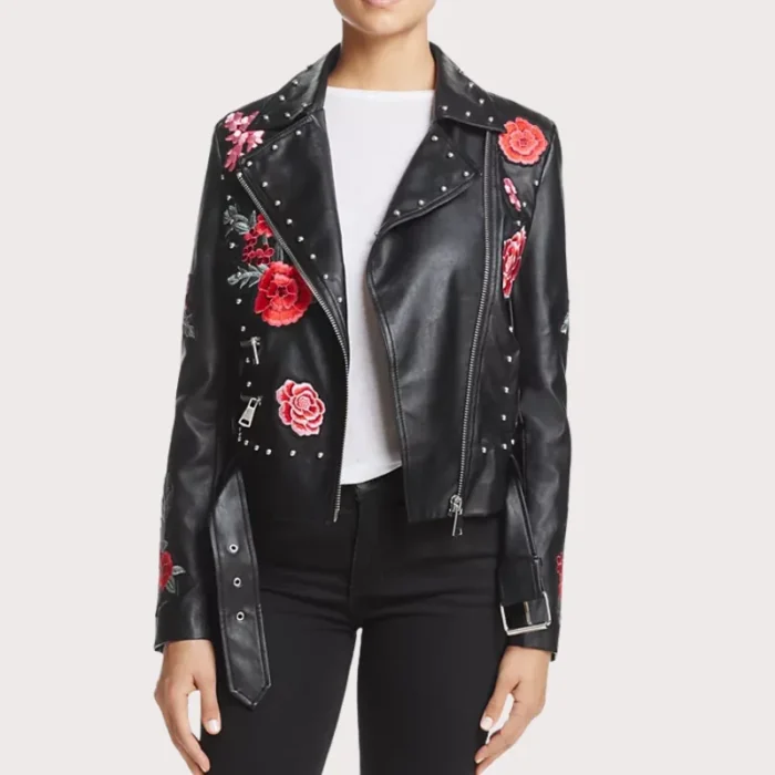 Embellished Silver Studded Embroidered Leather Jacket