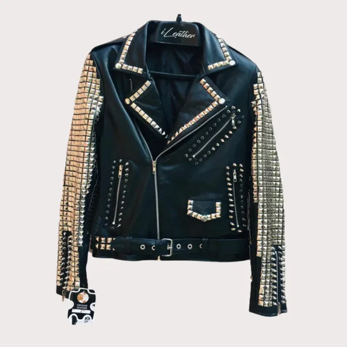 Handmade Black Leather Studded Punk Style Jacket For Women