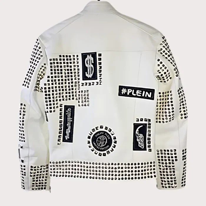 Handmade Mens White Leather Studded Phillip Plein Punk Style Jacket