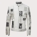Handmade Mens White Leather Studded Phillip Plein Punk Style Jacket