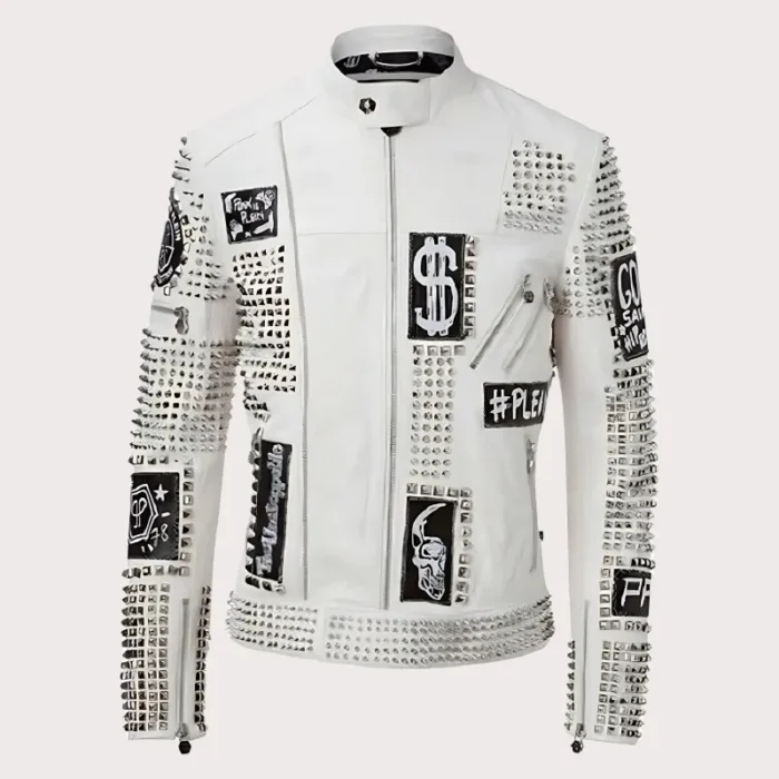 Handmade Mens White Leather Studded Phillip Plein Punk Style Jacket