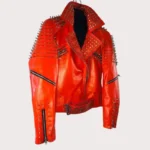 Handmade Red Punk Biker Jackets, Casual Leather Studded Jackets For Men