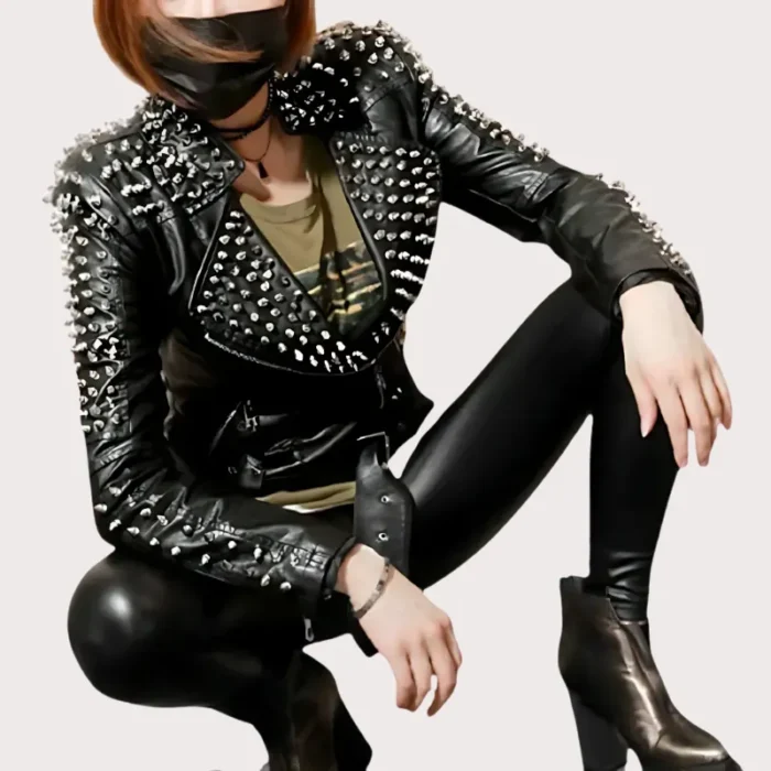 Handmade Women Black Studded Punk Style Leather Jacket