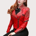 Handmade Women Red Studded Punk Style Leather Jacket