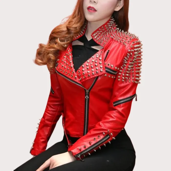 Handmade Women Red Studded Punk Style Leather Jacket