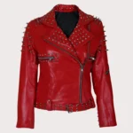 Handmade Womens Red Fashion Studded Punk Style Leather Jacket