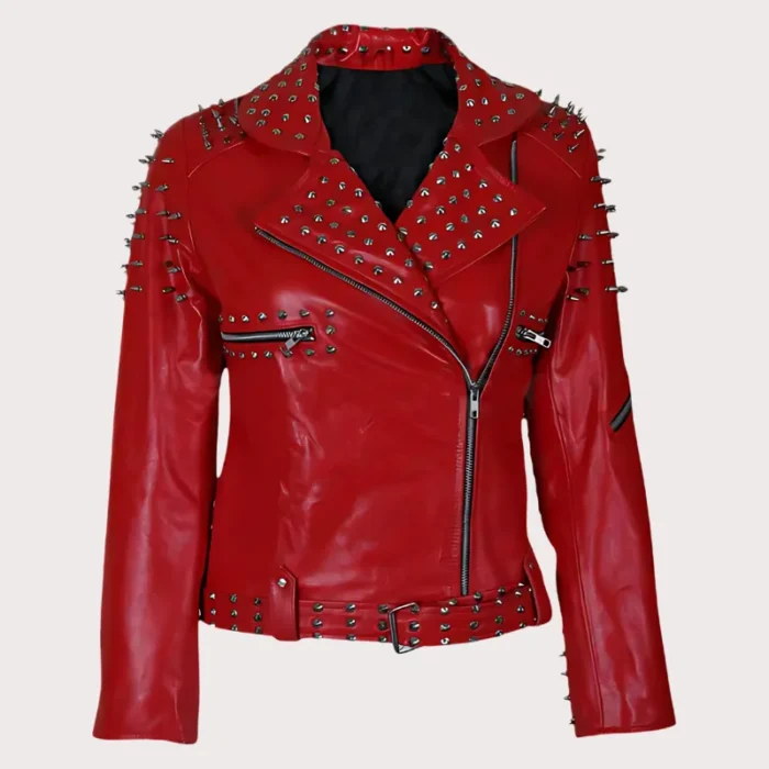 Handmade Womens Red Fashion Studded Punk Style Leather Jacket