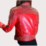Handmade Women Red Studded Punk Style Leather Jacket