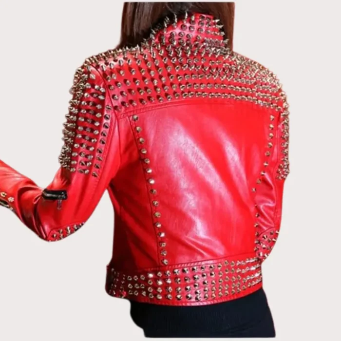 Handmade Women Red Studded Punk Style Leather Jacket