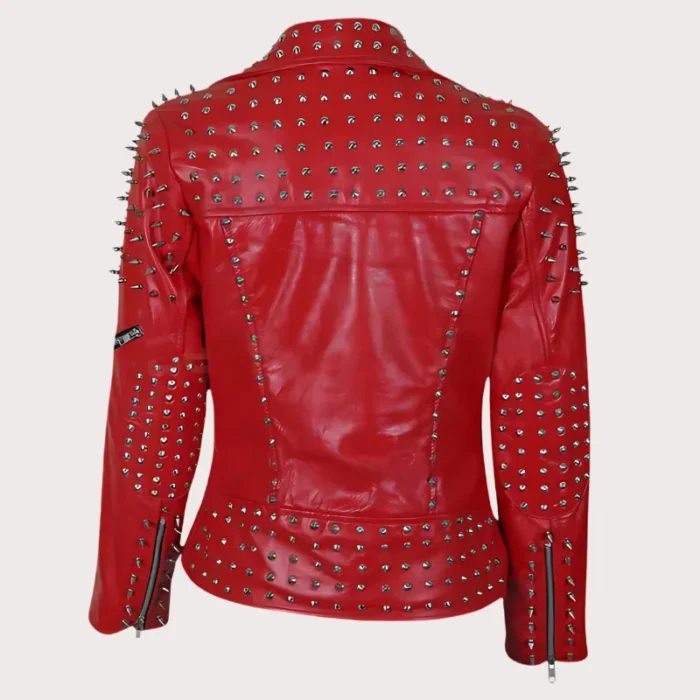 Handmade Womens Red Fashion Studded Punk Style Leather Jacket