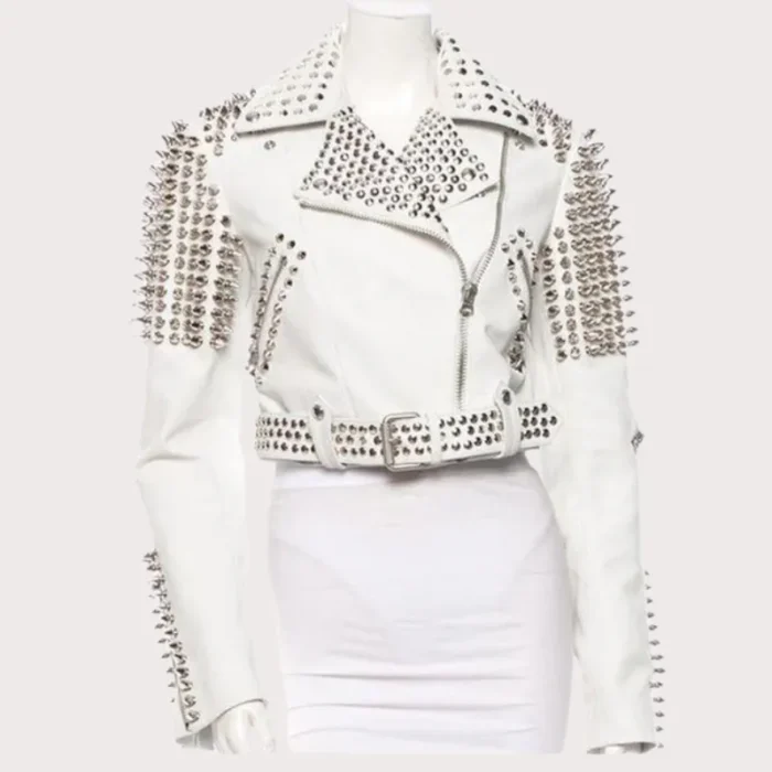 Handmade Womens White Fashion Studded Punk Style Leather Biker Jacket