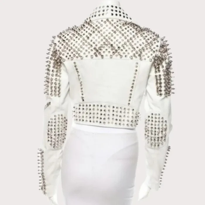 Handmade Womens White Fashion Studded Punk Style Leather Biker Jacket